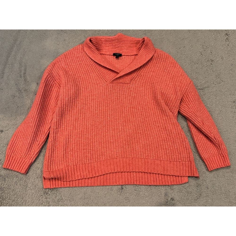 Talbots Petite Coral Orange Shaker Stitch Shawl Collar Sweater LP JO5161